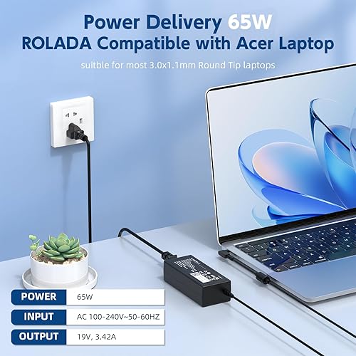 Miniatura 2 de Acer - Cargador de laptop de 65 W para Acer Chromebook 11 13 14 15 R11 R13 CB3 CB5 C740 C720 C738T C731 C738T CB3-532 N15Q8 N15Q9 N16Q1 A13-045N2A