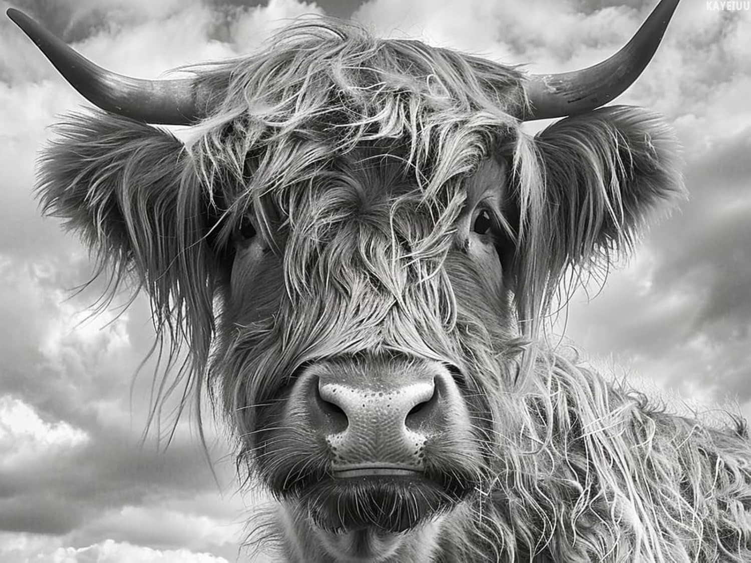 KAYEIUU Scottish Highland Cow Black White 5D Diamond Art Painting for Adults Full Drill Round Diamond Paint by Number Kits for Beginners Gems Cross Stitch for Wall Decor 12x16in