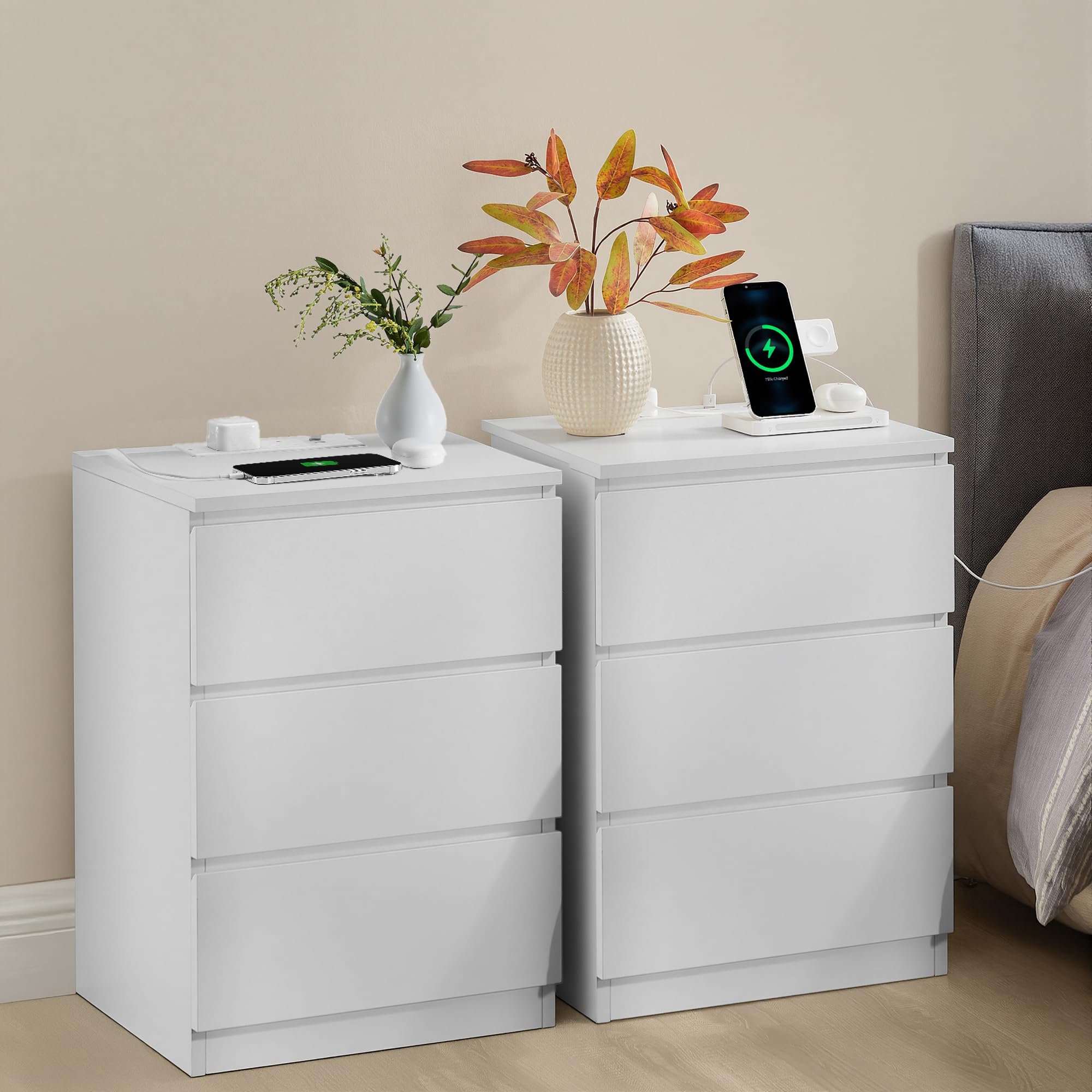 VASAGLE KAILYN Collection - Bedside Tables with Power Strip, Set of 2 Side End Tables with Drawers, 2 AC Outlets, 2 USB Ports, for Living Room, Bedroom, Study, Cloud White LET831W15