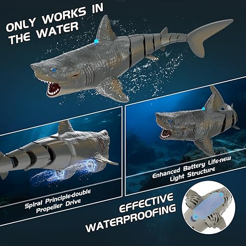 Miniatura 3 de Juguetes de agua de tiburón a control remoto para piscina, juguetes de verano para niños, megalodón de natación realista recargable con luz, regalo