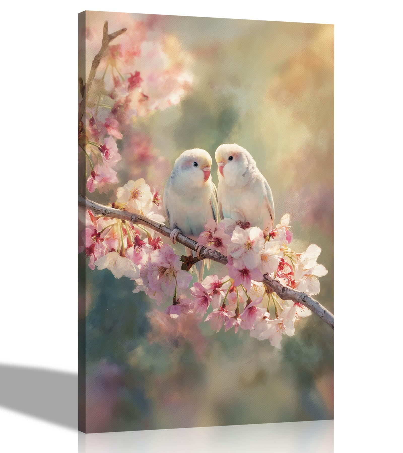 Artley Prints - Couple Budgies on Pink and White Tree Canvas Wall Art Framed Floral Pictures Contemporary Prints Ready to Hang Decor 60 x 40cm (24 x 16 inches) A2