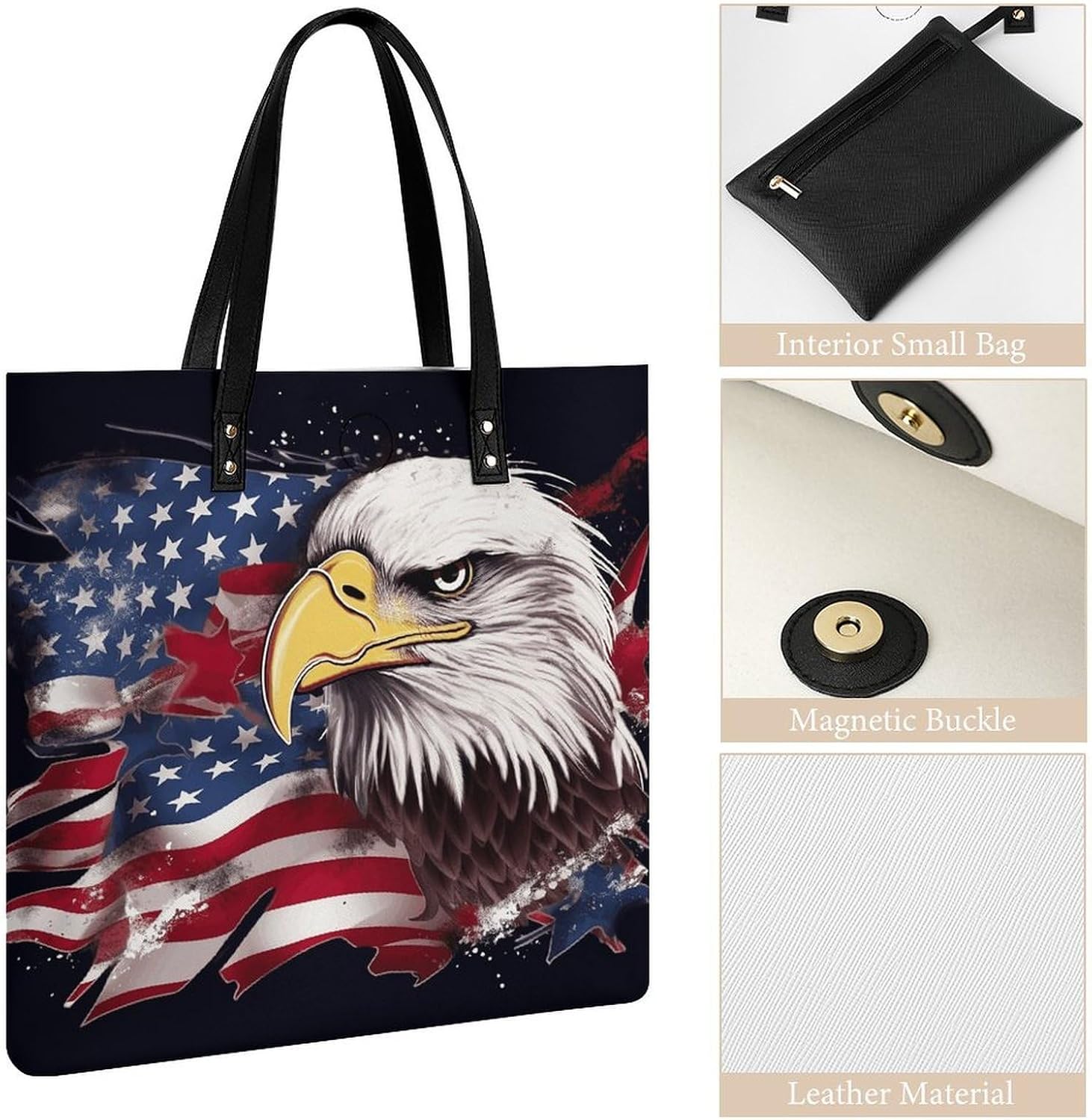 America US Flag Bald Eagle Tote Bag with Magnetic Buckle Reusable Grocery Bags Lightweight Cross Body Handbag for Daily Essentials