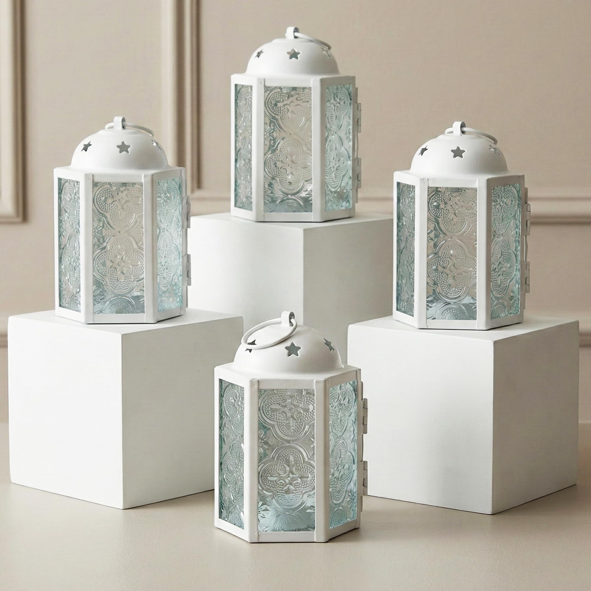 Vela Lanterns Mini Small 4.5 Inch Metal Moroccan Lantern Decorative Candle Tealight Holder for Centerpieces, Indoor Home Decor, Outdoor Patio, Weddings, White, Set of 4