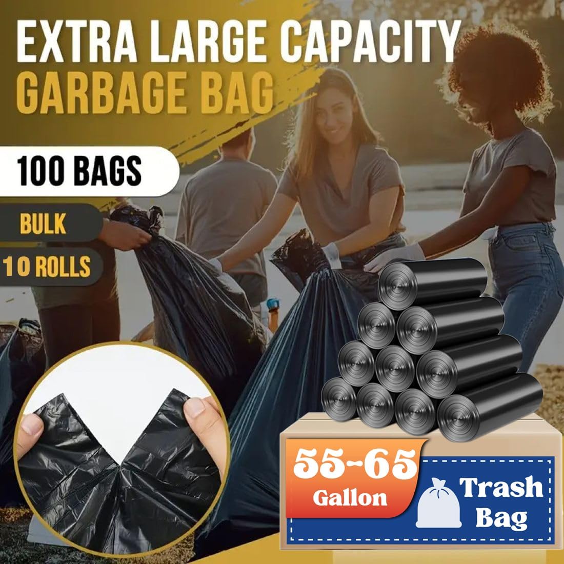 55-60 Gallon Trash Bags, 100 Count 1.2MIL (30 Microns) Thickness Heavy Duty Garbage Bags, Sturdy & Tear-Resistant Large Trash Liners for Kitchen Yard Outdoor Commercial Use, Lawn Leaf Waste Bags