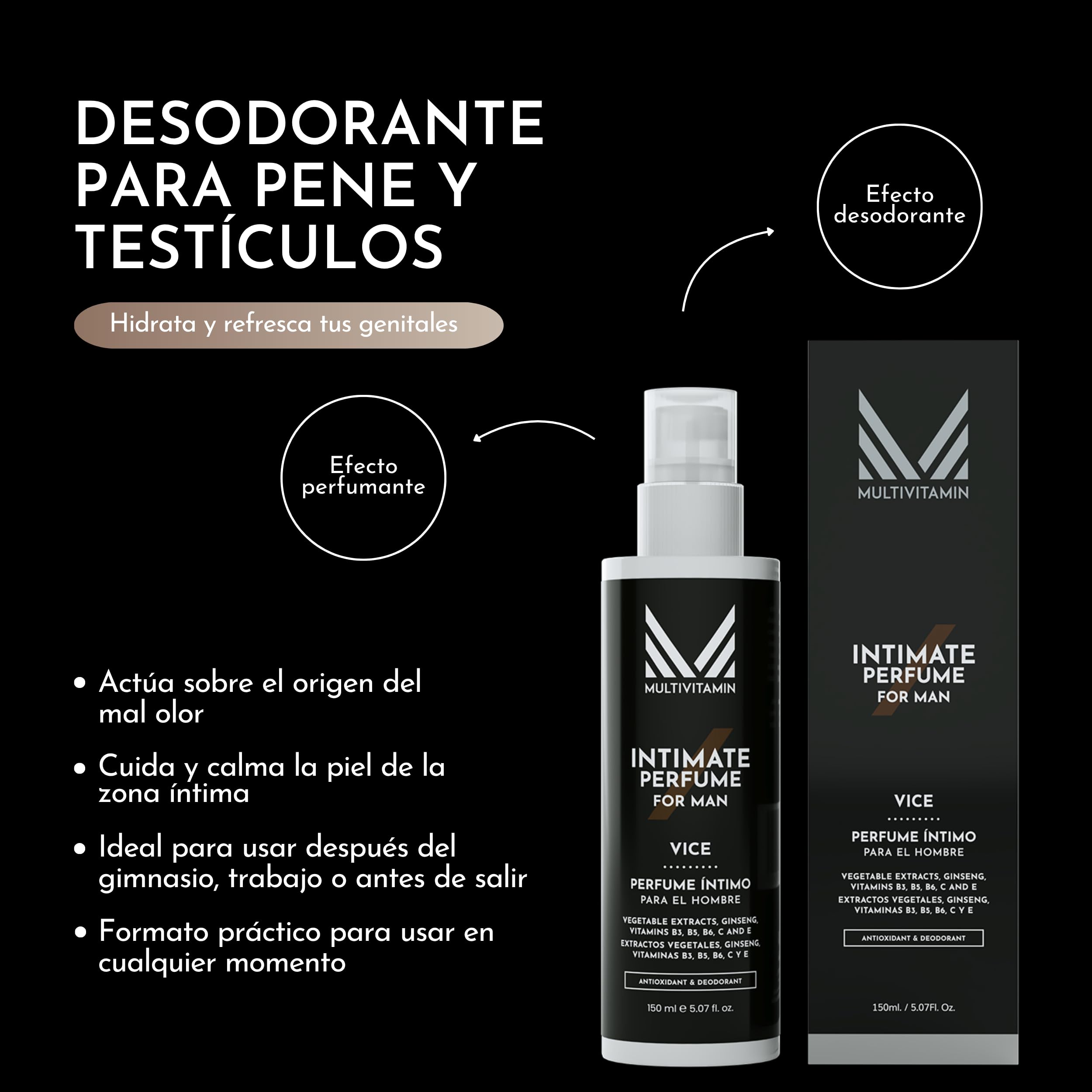 Desodorante Intimo Para Pene y Testículos, 150 ml | Perfume Genital con Acción Desodorante | Aroma Fresco y Duradero | Desodoriza, Hidrata y Perfuma | Uso Diario | Fabricado en España - Multivitamin