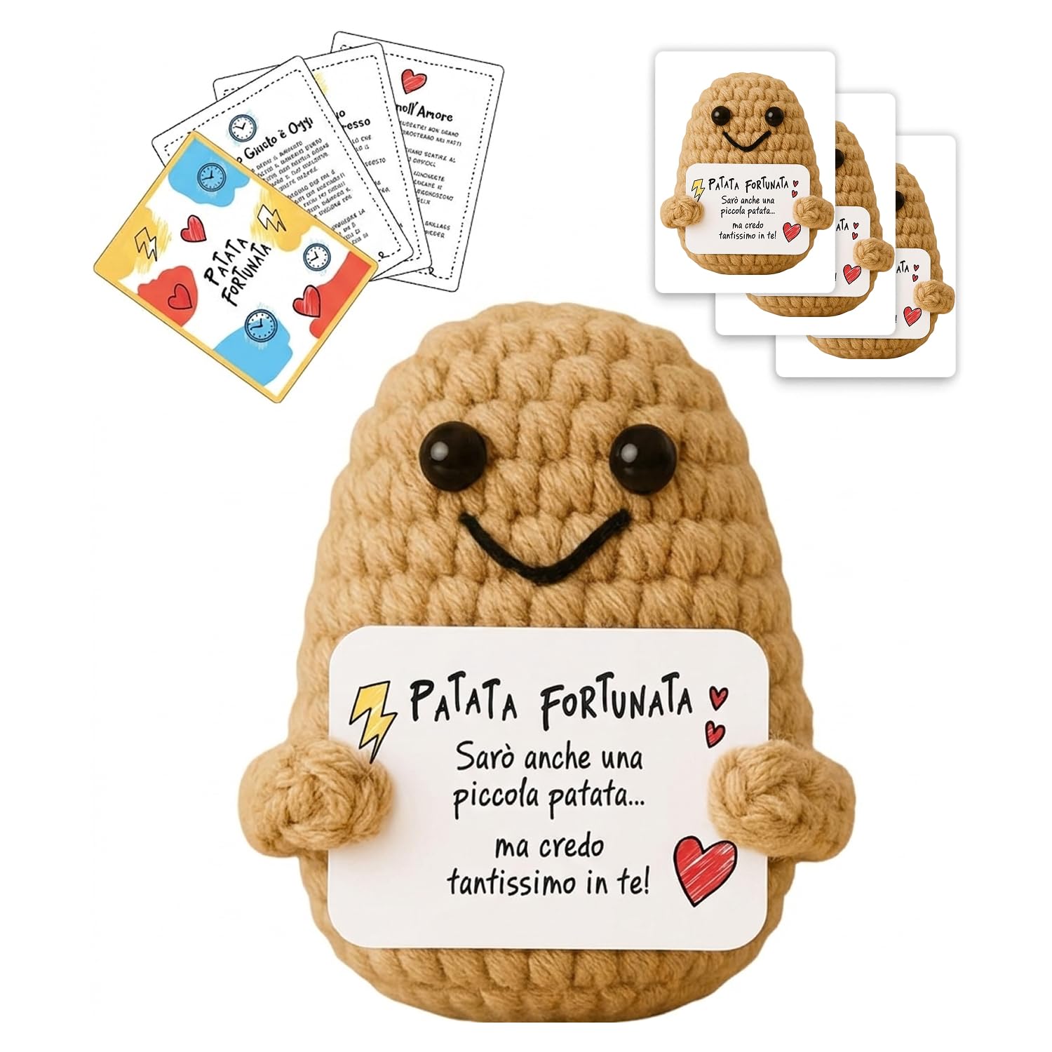 BWAY Glückskartoffel Italienisch mit 3 Gratis-Motivationskarten und 3 Stickern mit Niedlicher Glücksbringer-Figur - Geschenk für Frauen zum Geburtstag - Plüschtier für Dekoration - Beige