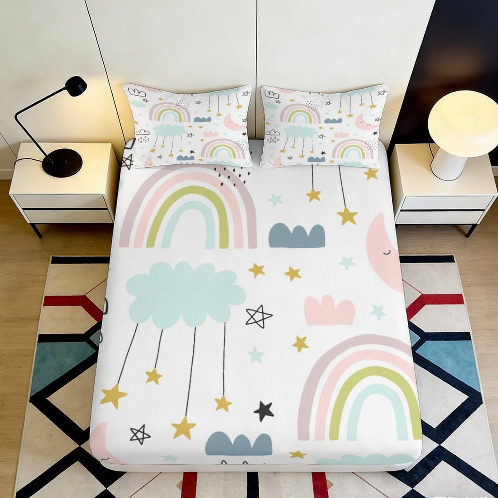 3D Printed Rainbow Cloud Fitted Sheet Microfiber Soft Breathable Star Pattern Bed Sheet for Bedroom Dormitory Guest Room Mattress Protection Decor 140x200x25cm