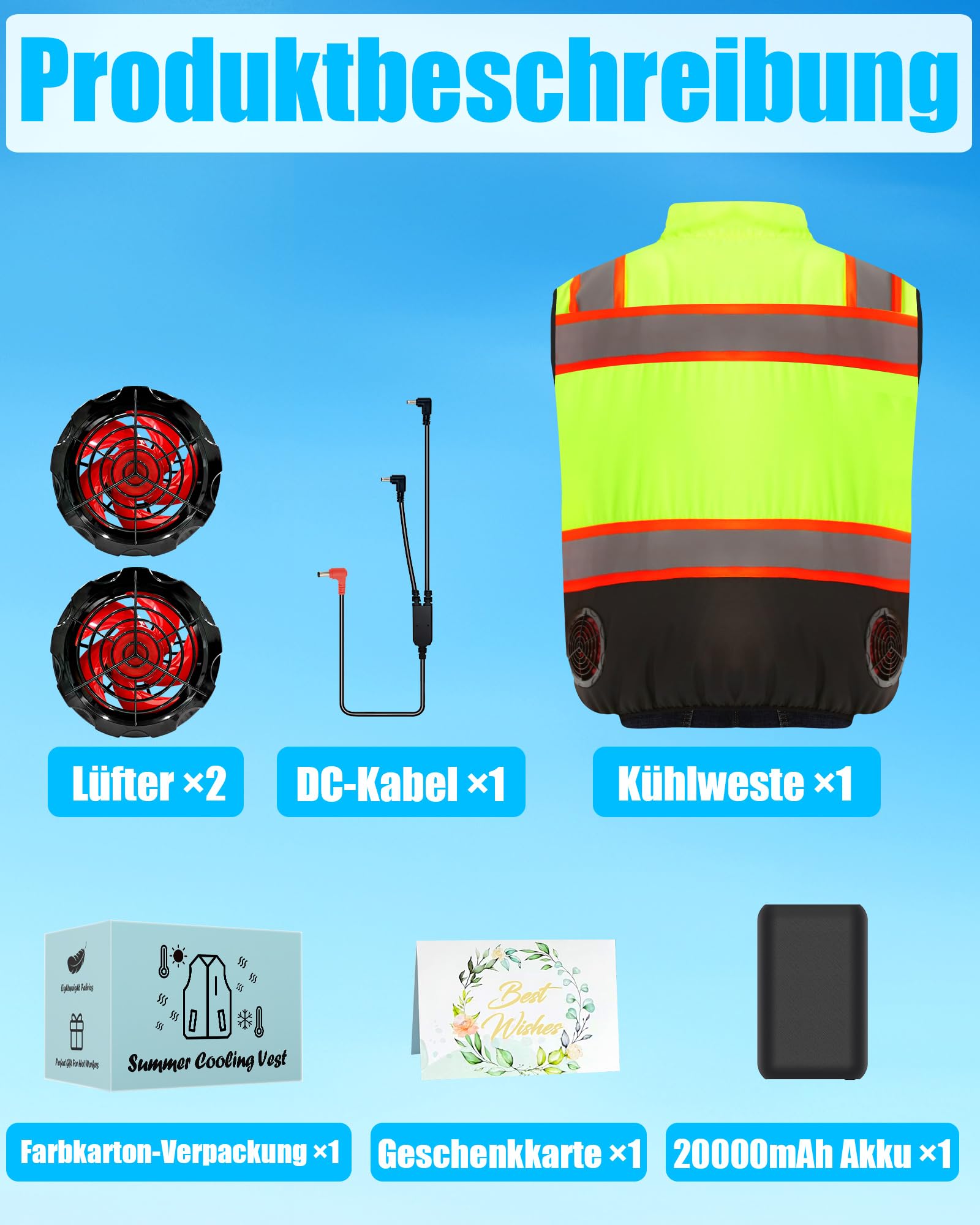 21V Kühlweste mit Warnschutz für Damen und Herren, 2 Ventilatoren mit bis 12000 U/min, 20000mAh Akku für bis 16 Stunden Laufzeit