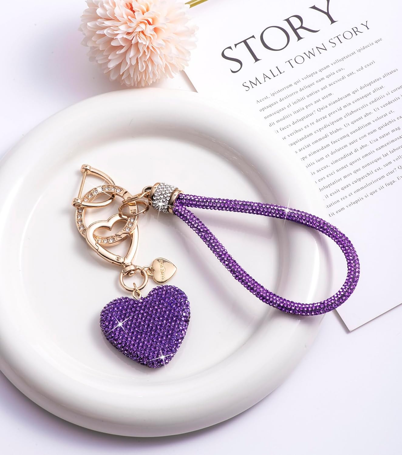Cute Heart Keychains for Women, Bling Key chain Accessories Girly Wristlet Keychain for Car Keys, Backpack pom pom - Image 2