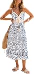CUPSHE Womens Boho Midi Dresses Summer Spaghetti Strap Crochet Lace V Neck Drawstring Waist Beach Vacation Casual Sundress
