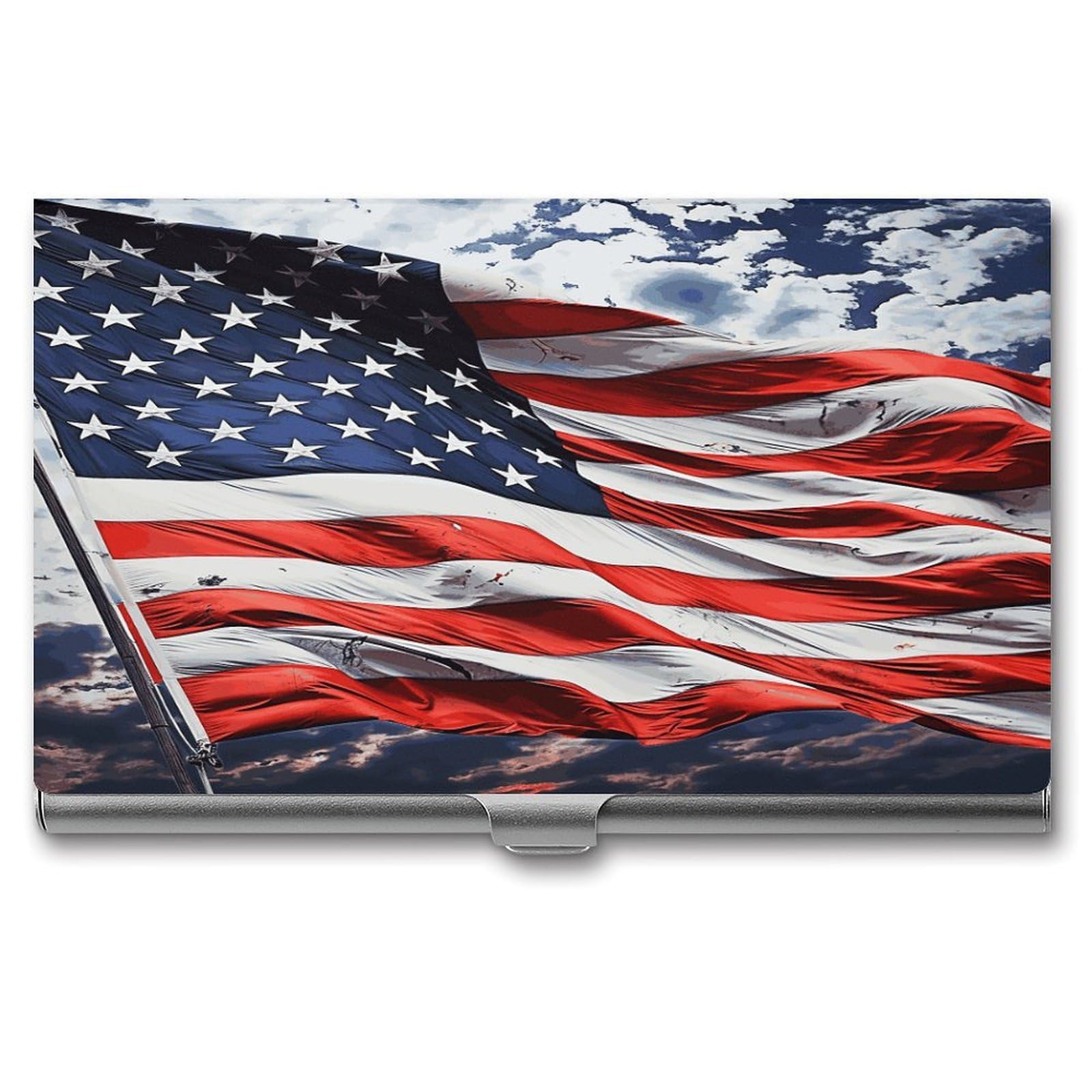 LDGSUPH US Flag Business Card Holder Fashion Slim Name Card Holder Minimalist Design Case Metal Card Carrier Personalized Business Card Case with Flip for Men Women