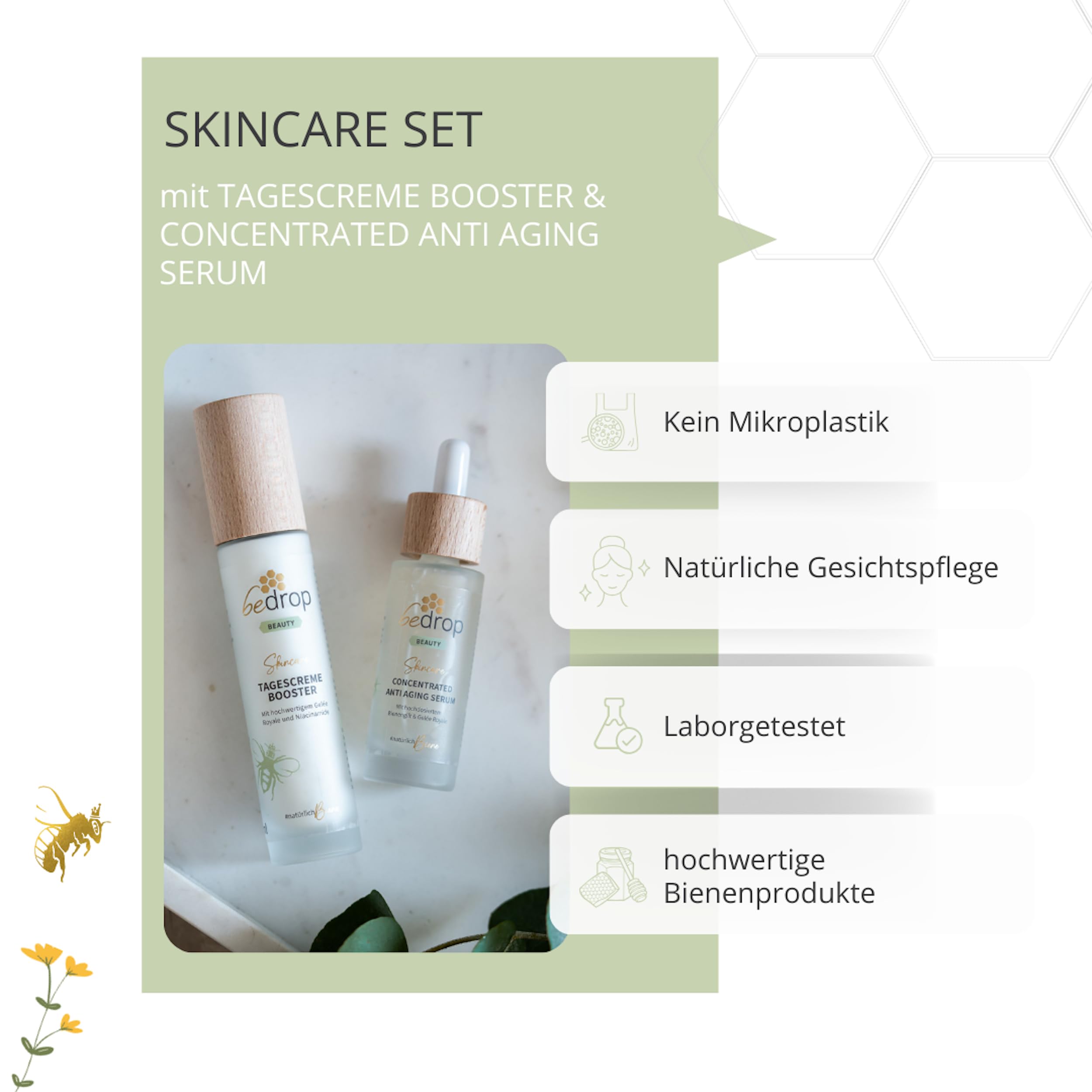 bedrop Skin Care Set - Concentrated Anti Aging Bienengift Serum & Tagescreme Booster Gesichtscreme im Set - Bei Falten für Gesichtspflege