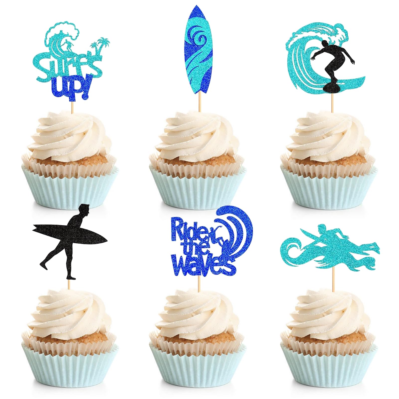 24PCS Surfing Cupcake Toppers Surfboard Ride the Waves Surfs Up Cake Toppers Decoration for Summer Beach Theme Birthday Party Baby Shower Supplies Blue