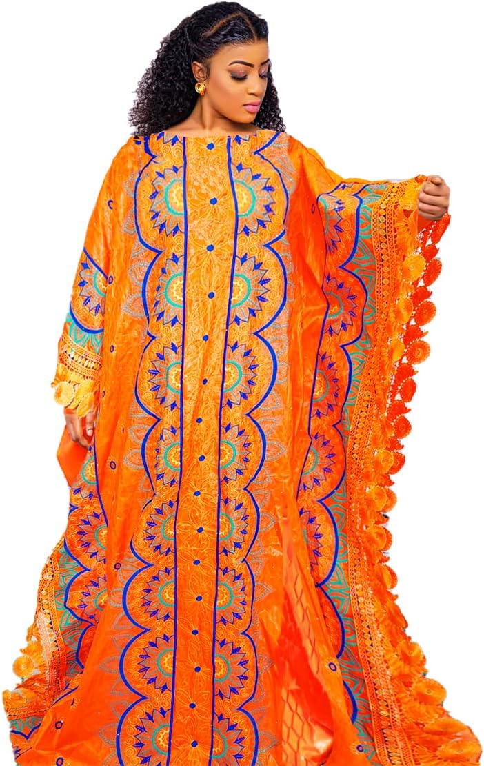 African Long Dress Nigerian Women Dashiki Robe for Wedding Party Plus Size Gowns Mali Basin Brocade Embroidery Clothing Orange