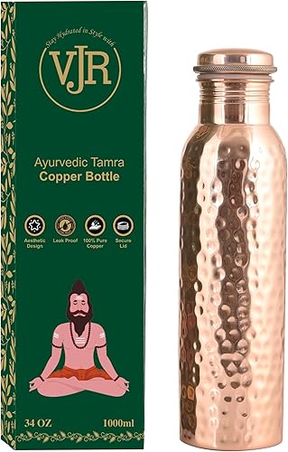 Vista 20 de VJR Botella de agua de cobre 100% puro para beber, 34 onzas, simple, ayurvédica, a prueba de fugas, botella de solomán pura para beber vasos