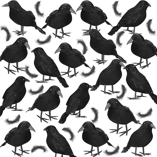 24 cuervos de plumas negras de Halloween, decoraciones realistas de cuervos de espuma falsos, decoraciones para patio, árboles, pájaros, exteriores