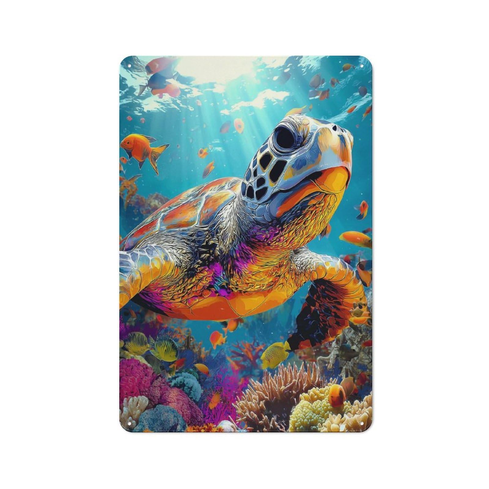 Country Style Colorful Sea Turtle Underwater Decorative Metal Sign 30x20cm, Bistro Wall Plaque for Restaurant, Kitchen, Counter Or Breakfast Nook