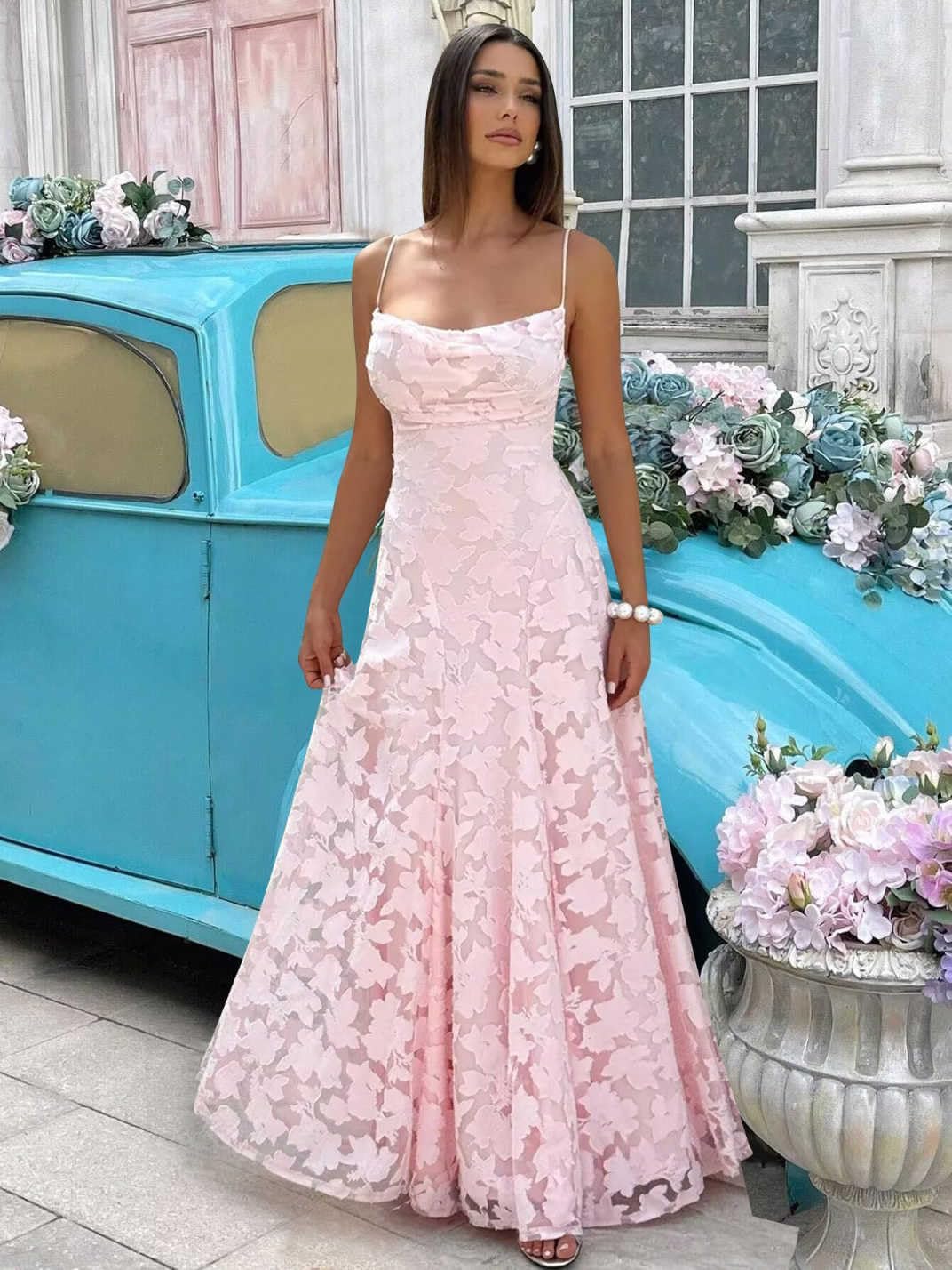 Spaghetti Straps Bridesmaid Dresses for Women Long Lace Formal Evening Gowns Floral Corset Prom Dress