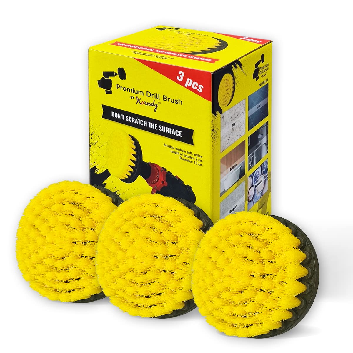 Set De 3 Brosses Pour Perceuse Kornely - Poils Ultra Rigides Noirs - 13cm Pour Nettoyage Profond Sans Rayures