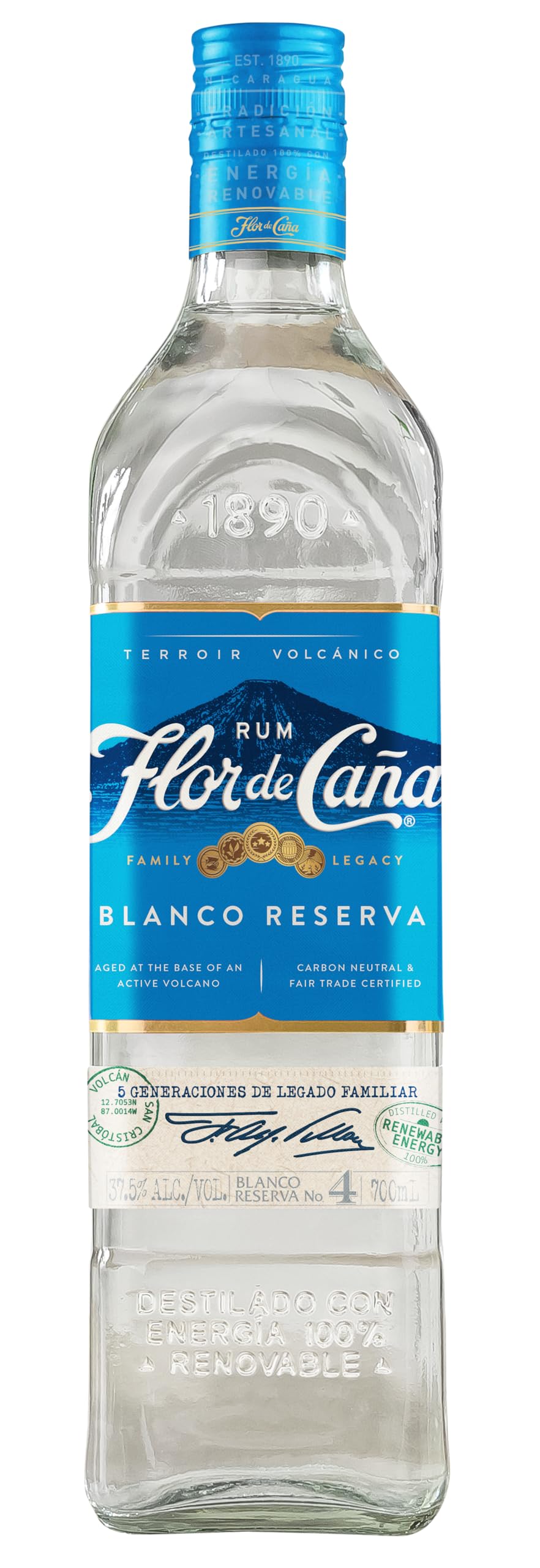 Flor de Caña 4yr Blanco Reserva Rum 70cl, 37.5% ABV | Sustainably produced, Premium White Rum | Nicaragua |