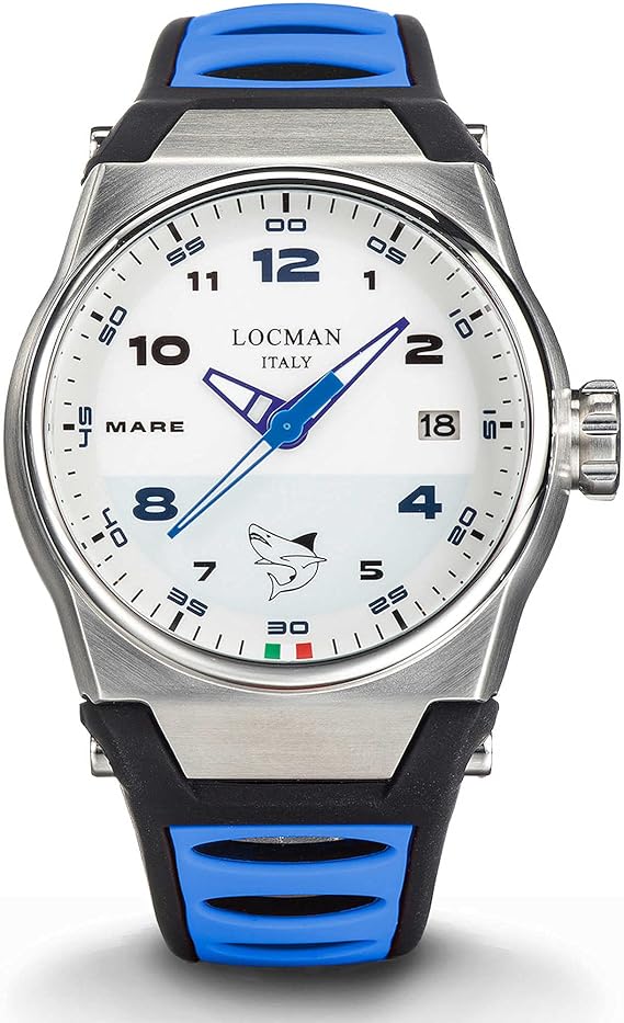 Locman Mare Orologio Uomo Solo Tempo 44 Mm - Cassa Acciaio E Titanio, Cinturino Silicone Nero/Azzurro, Impermeabile 10 ATM - Referenza 0557A08S-00WHBLSS