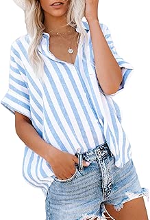 Astylish Women's V Neck Stripes Roll up Sleeve Button Down Blouses Tops