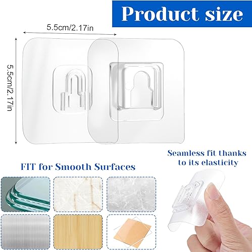 Miniatura 2 de Ganchos adhesivos de pared de doble cara, 20 pares de ganchos autoadhesivos transparentes para montaje en pared, sin taladro, adecuados para colgar
