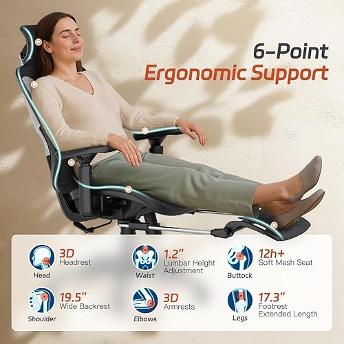 Miniatura 5 de Silla de oficina ergonómica, silla de escritorio de malla con reposapiés, soporte lumbar ajustable, reposabrazos 3D y reposacabezas grande