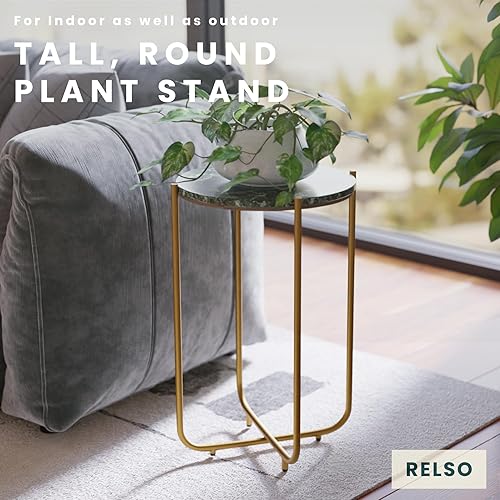 Miniatura 7 de Relso Urdhva - Mesa auxiliar redonda de 24 pulgadas de alto con parte superior de mármol verde real y marco de metal dorado  Mesa decorativa de lujo