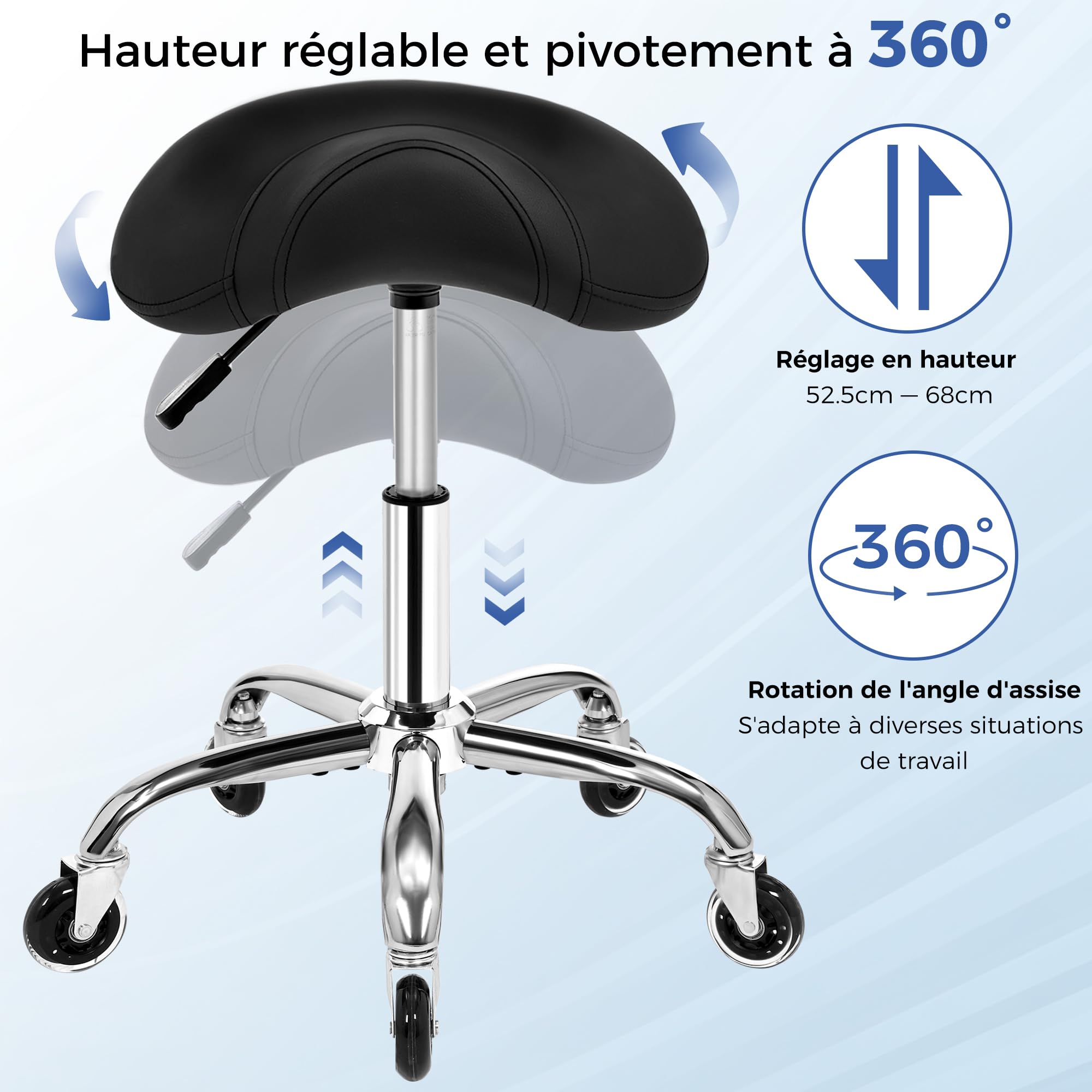 ANWBROAD Tabouret à roulettes pivotant à 360° roulettes Réglable en Hauteur Tabouret Selle de Cheval Ergonomique Cuir épais Assise Large pour Salons de Beauté, Salon, Massage, Clinique Noir WSS001B