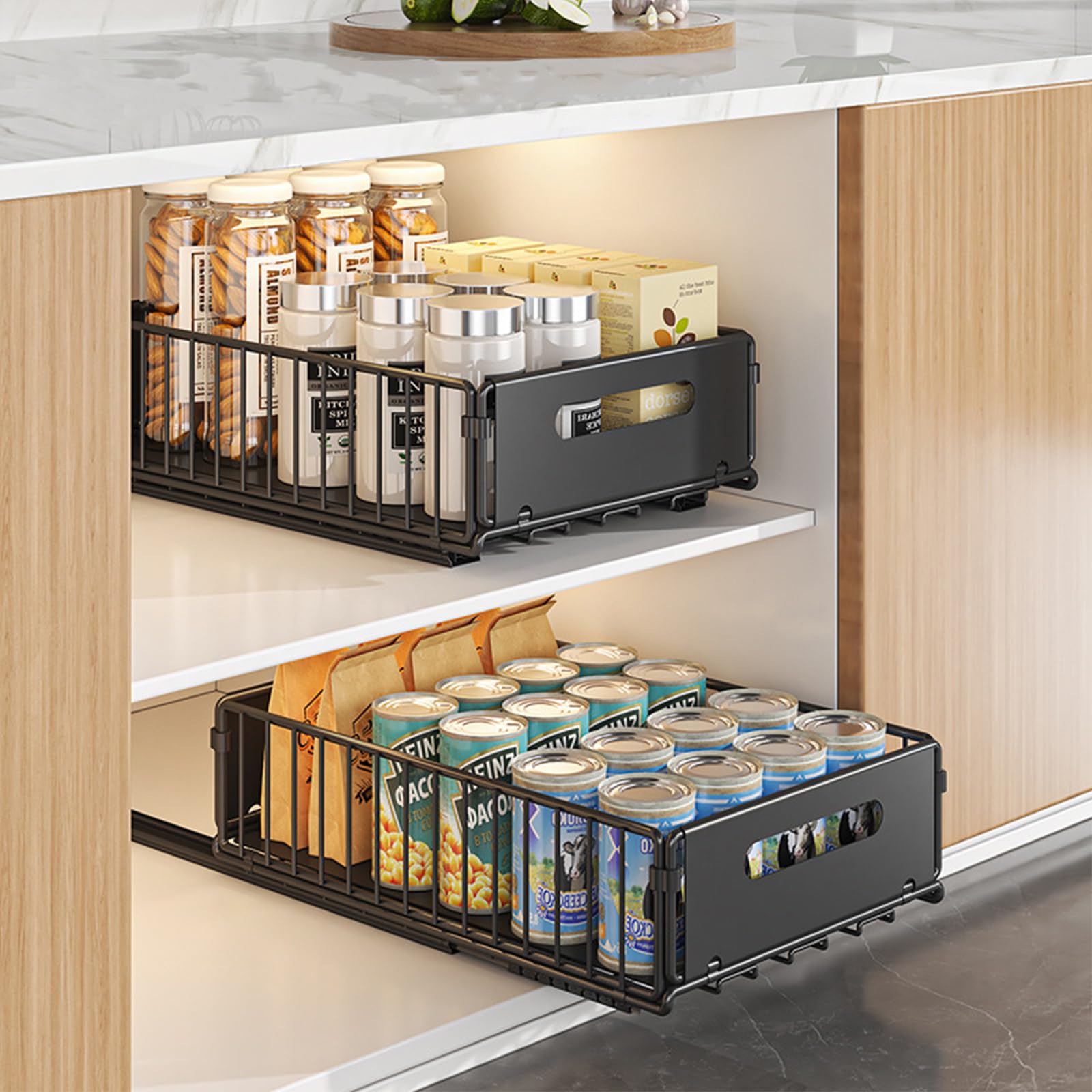 4Pack Faltbarer Ausziehbarer Schrank-Organizer, Ausziehbare Schubladen-Regalaufbewahrung, Küchenschrank Innenschublade Organizer Ausziehbar für Speisekammer und Badezimmer (2 Large + 2 Small)