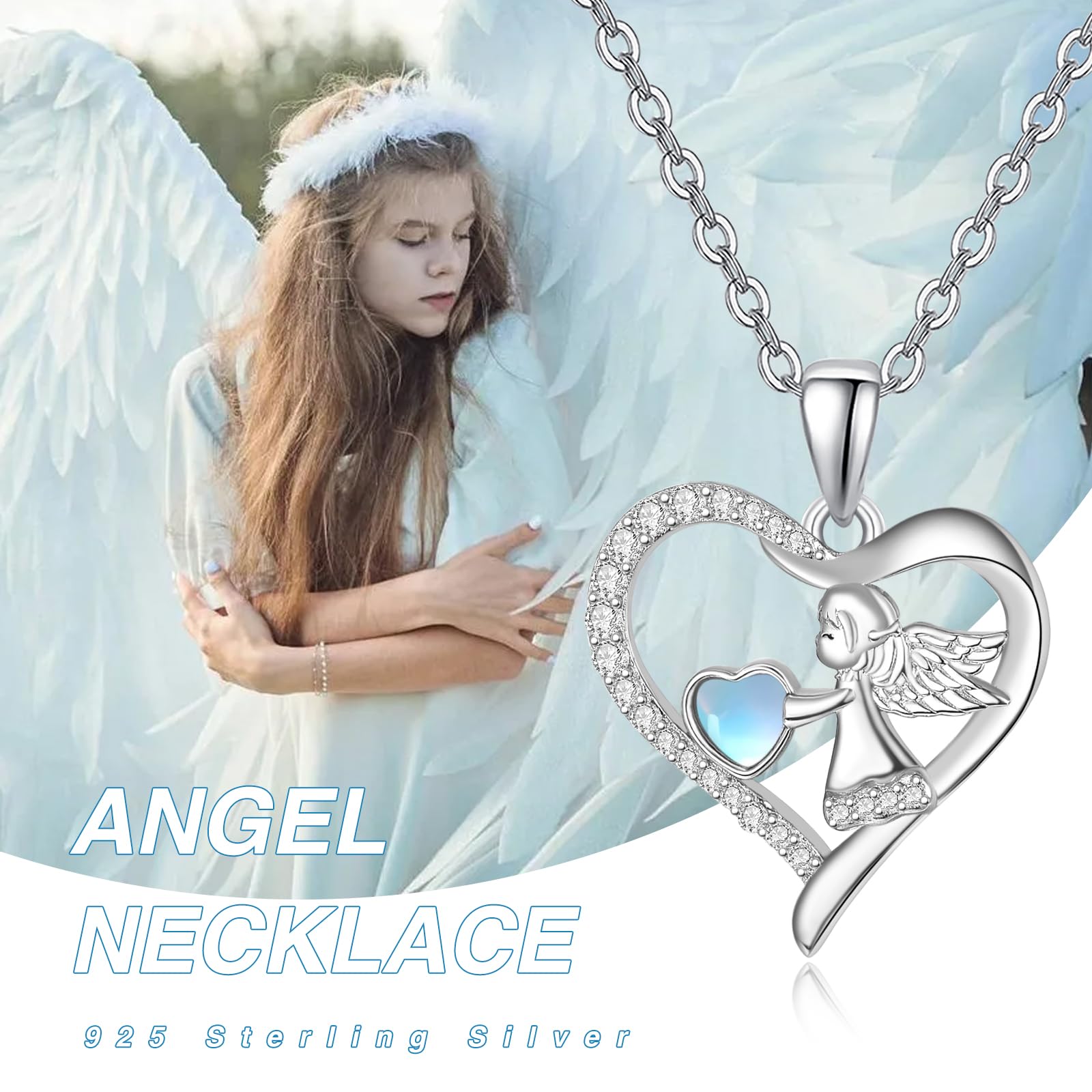 TANGPOET Schutzengel Kette 925 Sterling Silber Engelsflügel Halskette Herz Anhänger Schmuck Geschenke für Frauen Mädchen mit Geschenkbox