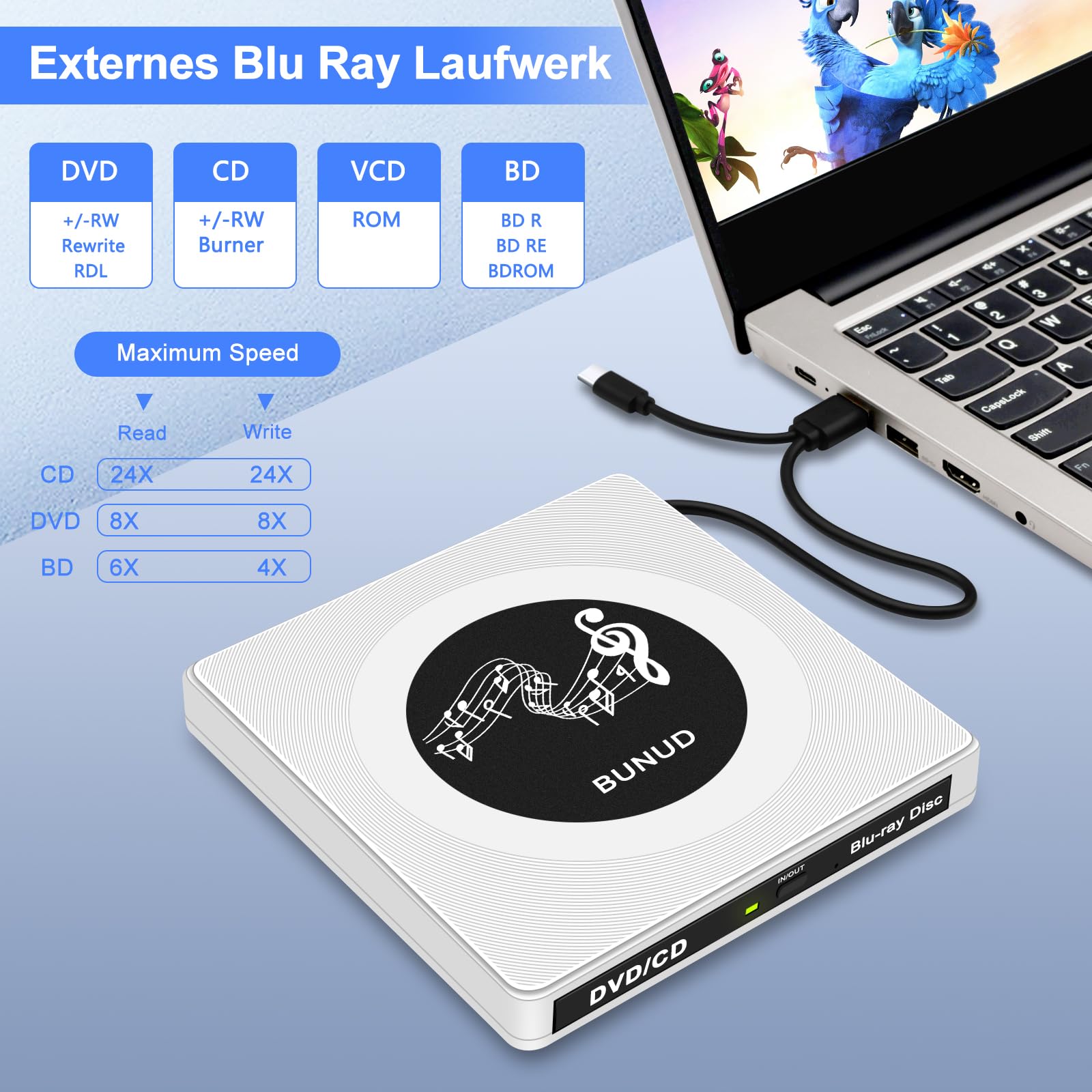 BUNUD Externes Blu Ray Laufwerk, USB 3.0 Bluray Brenner Extern USB C Externe Blu-ray Laufwerk mit 2 USB & SD/TF Slots, Externe Bluray laufwerke für PC Laptop Windows 11/10 Mac MacBook