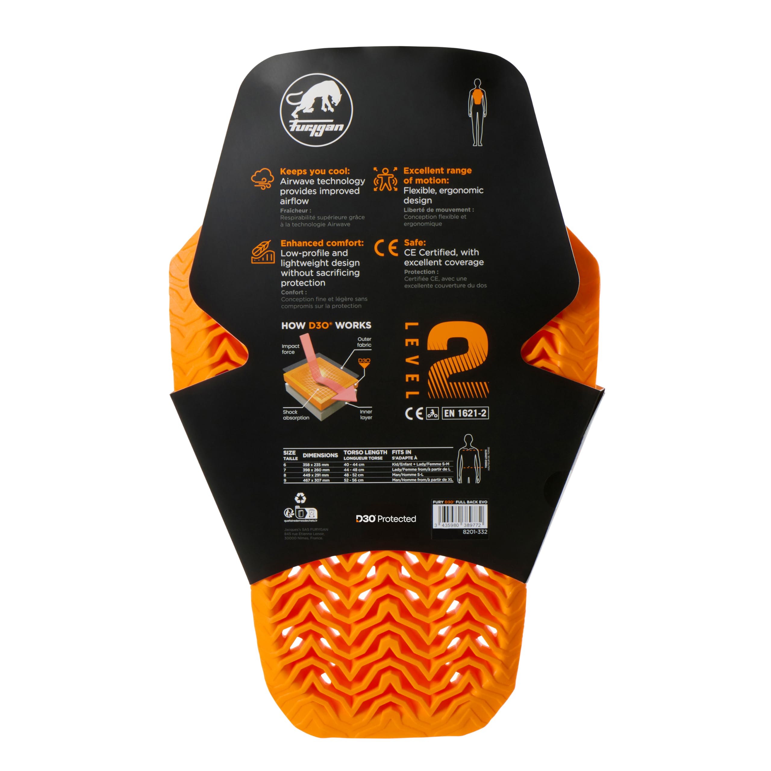 Furygan D3O FULL BACK FURY - ochrona Fullback - technologia D3O - ochraniacz na tył motocykla i dopasowanie kurtki - wysokie bezpieczeństwo i komfort - ergonomiczne - morpho-fit