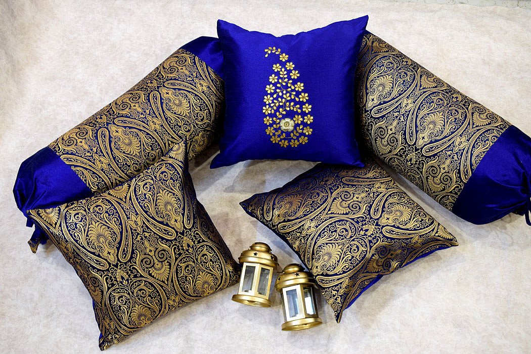 Exuberant & Luxurious 5 Piece Pure Brocade Golden & Blue Classic Jamawar Design Diwan Set by Royal DecoFurnishing-picture-10