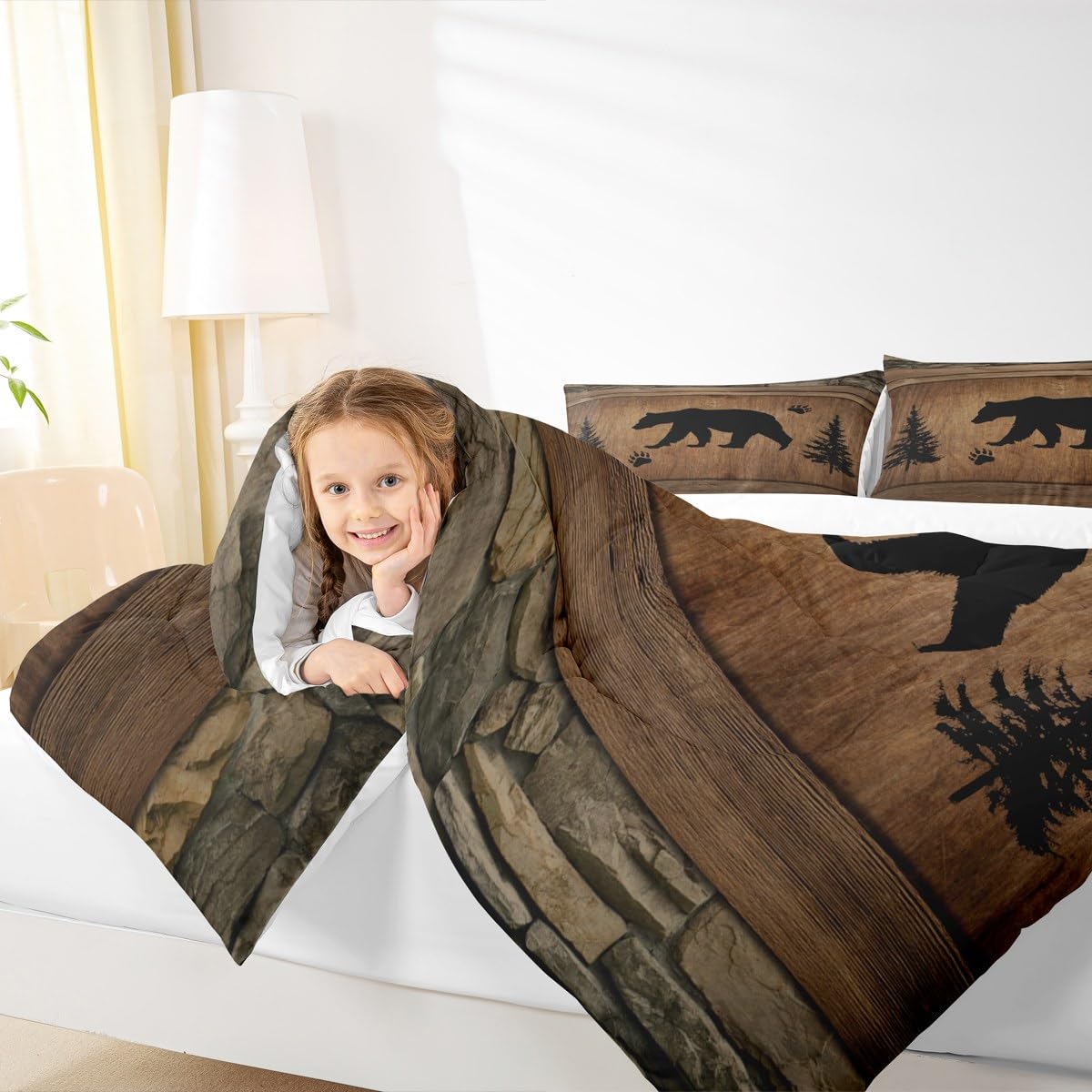Manfei Deer Antler Bedding Set Queen - Vintage Hunting Theme Comforter & Pillowcases For Kids & Adults