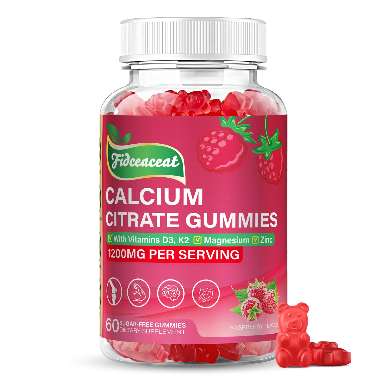 Calcium Citrate 1200mg Gummies for Women and Men, Sugar-Free Chewable Calcium Supplement for Muscle and Immune Support with Natural Raspberry Flavor, 60 Count