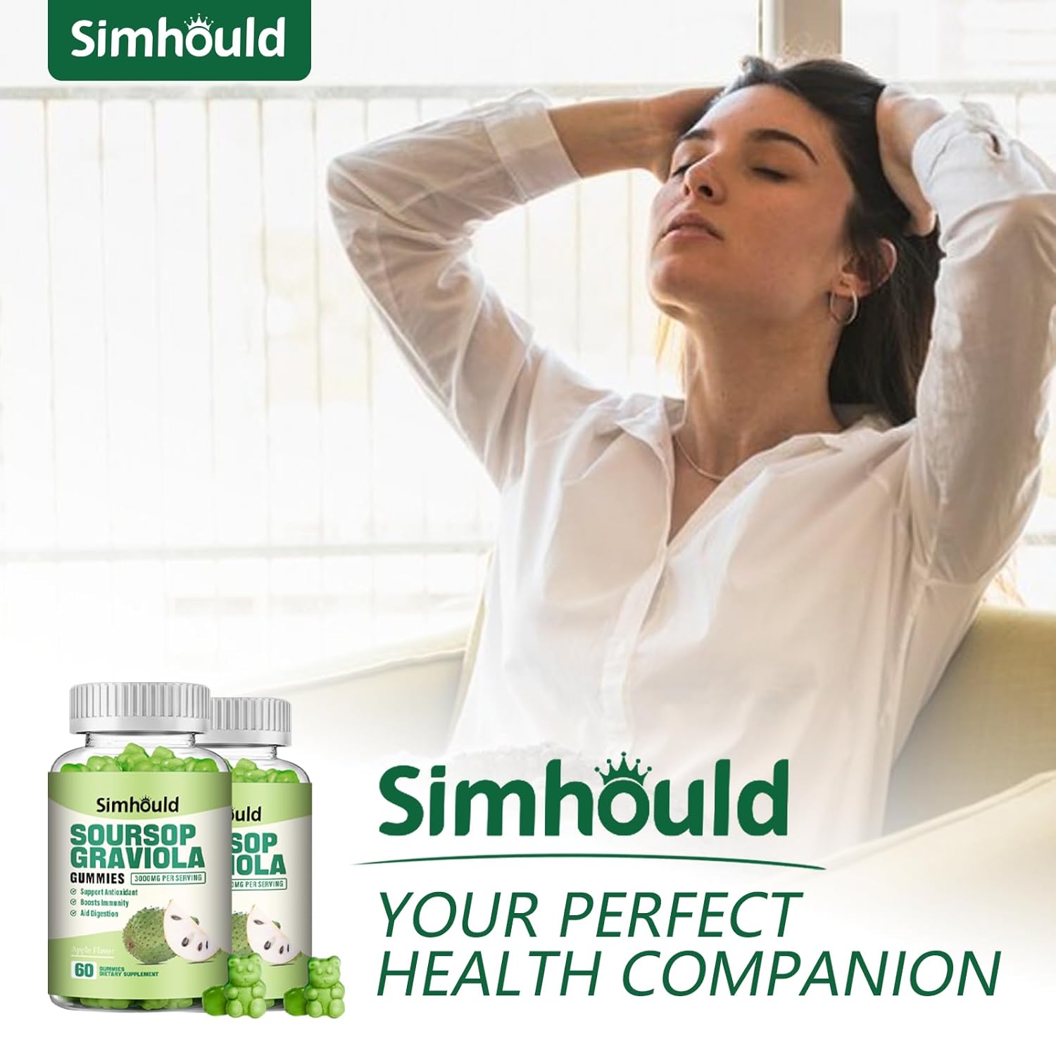 Simhould 2 Pack Soursop Graviola Gummies - 3000mg Extra Strength Soursop Leaves Supplement with Vitamin C, Zinc - Digestive Aid, Immune Support & Antioxidant - Sugar-Free, Non-GMO, Vegan, 120 Counts