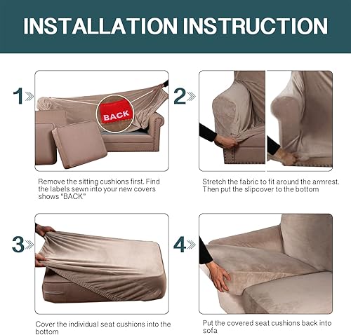 Miniatura 8 de FantasDecor Fundas de sofá de 4 piezas, fundas de terciopelo para sofá de 3 cojines, paquete de 2 fundas de terciopelo para sillón, color gris pardo