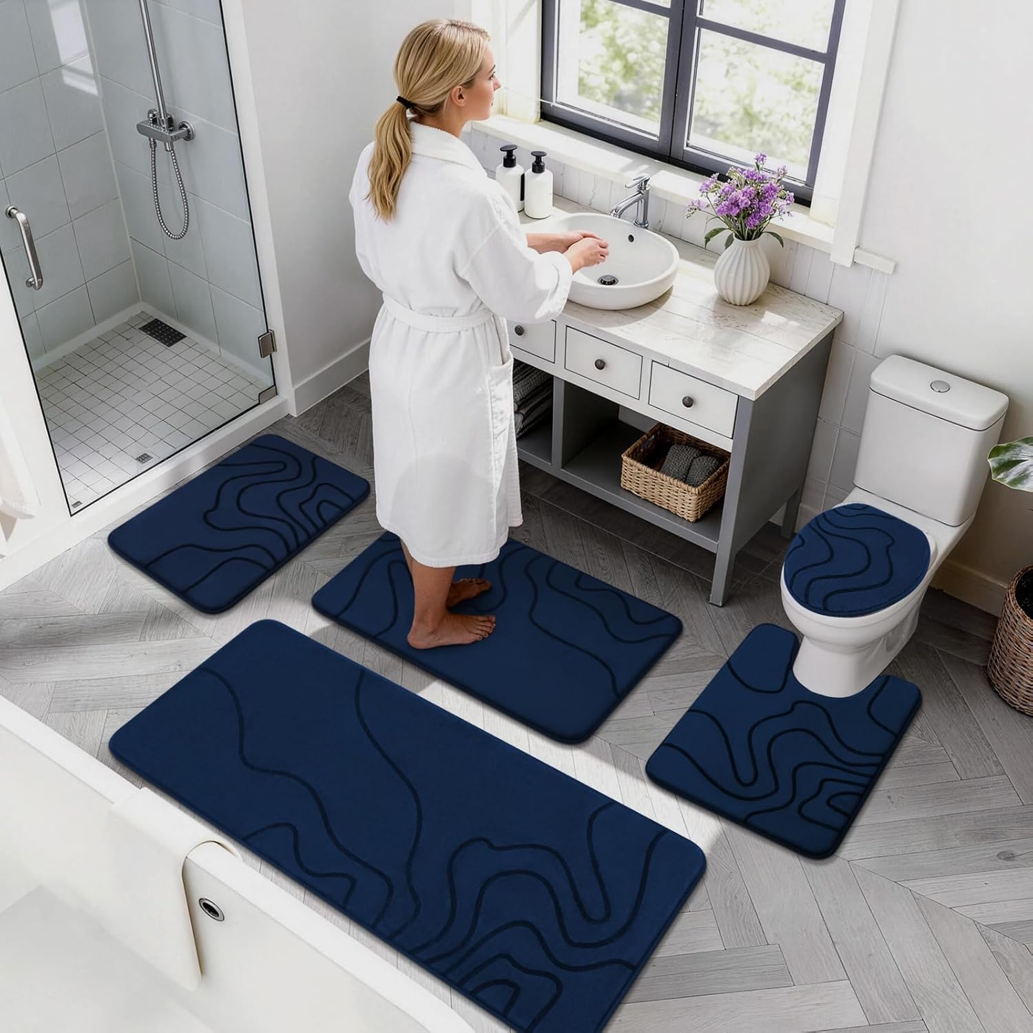 YIHOUSE Memory Foam Bathroom Rugs Sets 3 Piece - 1" Thick Ultra Soft Absorbent Bath Mat Set, Non-Slip Machine Washable Bath Rugs for Bathroom, Tub and Shower, Home Decor Accessories, Dark Blue