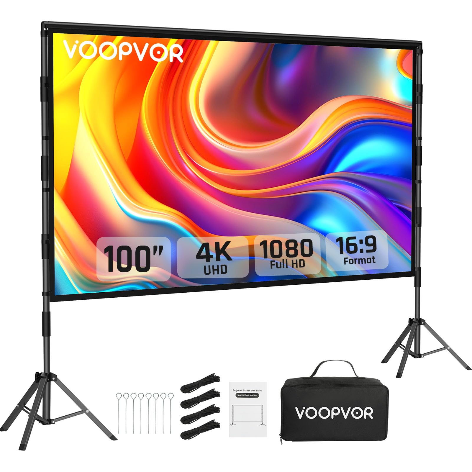 100 Inch Projector Screen with Stand, Portable Indoor Movie Screen | 100-inch projector screen with stable square tube stand, portable design, quick setup and carry bag for indoor & outdoor
