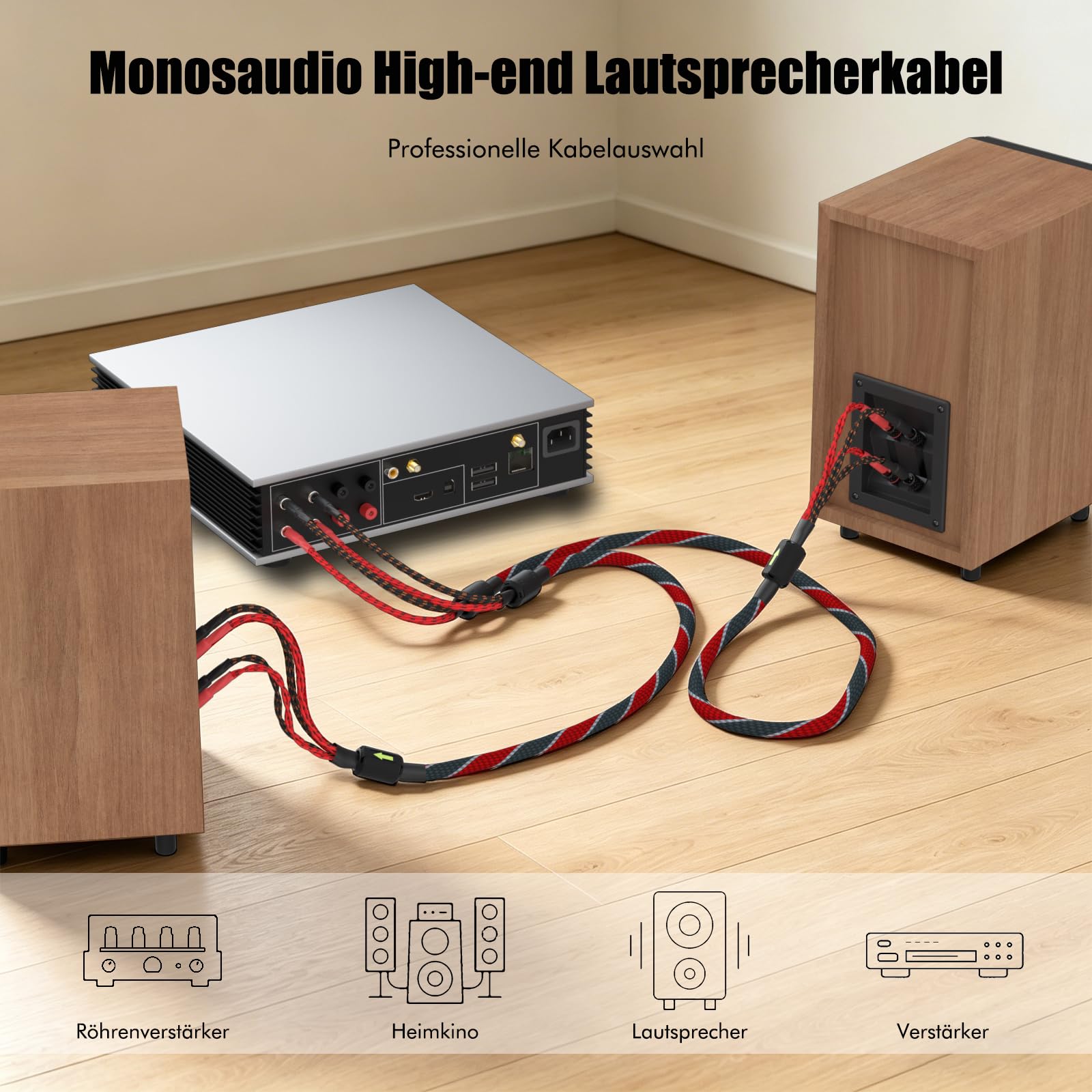Monosaudio 1 paio di cavi per altoparlanti HiFi, in rame OFC intrecciato, con connettori a banana placcati in oro 24 K, anello anti-interferenza, per amplificatori, altoparlanti, home theater e studio