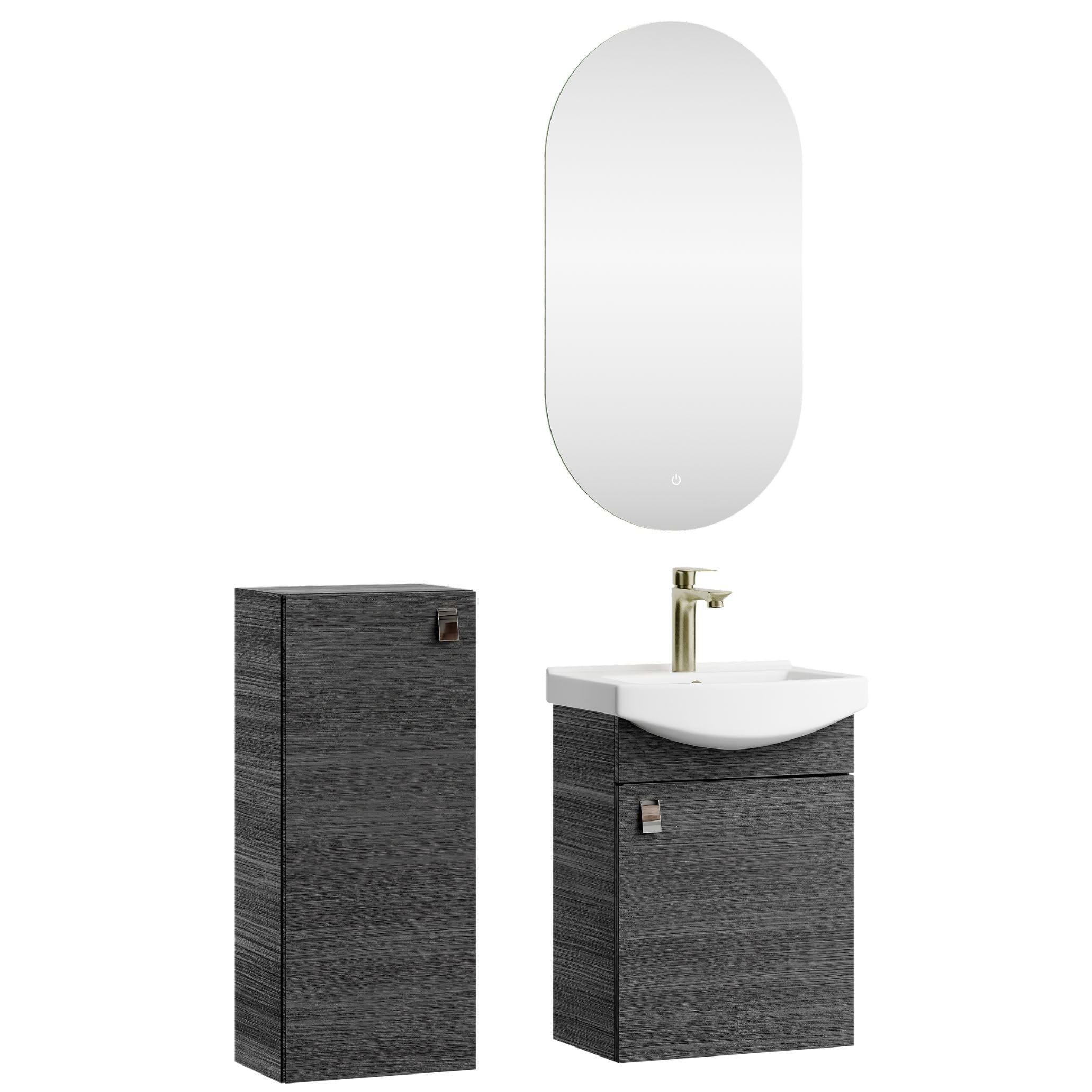 Planetmöbel Ensemble de Meubles de Salle de Bains Lavabo avec Meuble Bas 45 x 60 x 33 cm, Miroir avec éclairage 50 x 90 cm & Armoire Centrale pour Salle de Bains et WC invités, Anthracite
