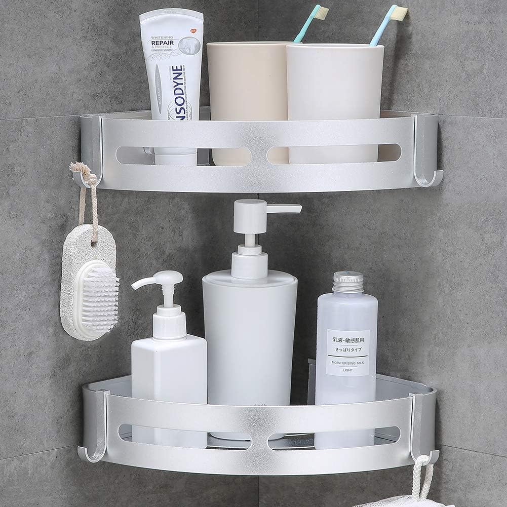 Laimew Widen Corner Shelves Shower Caddy Corner with Hooks No Drilling Alunimun Bathroom Shelf Kitchen Storage Organizer (Corner Silver)