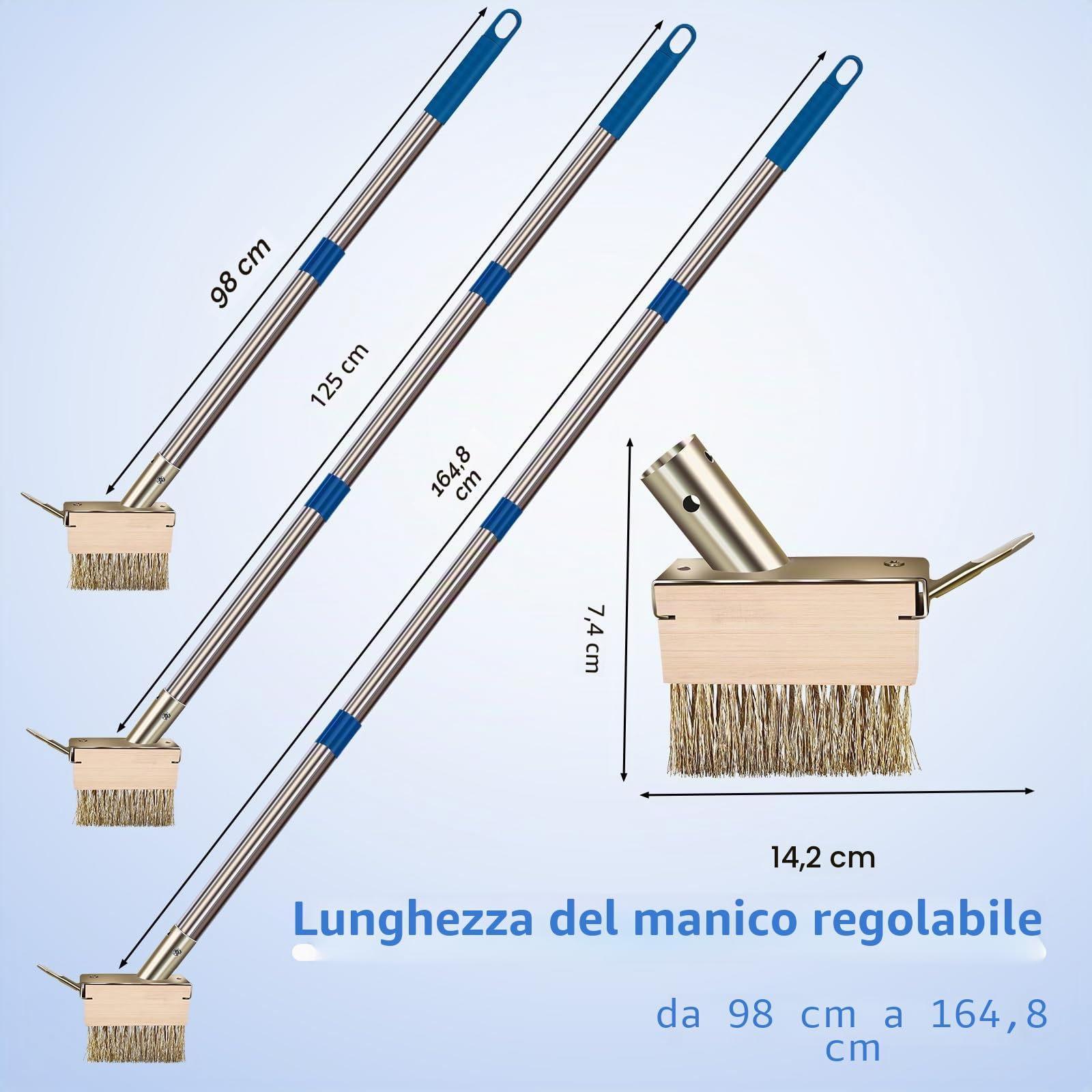 Spazzola per Rimuovere Erbacce Le fughe del Muschio, con Manico Staccabile da 165cm, per pavimentazioni, terrazze, vialetti, Fessure, 2 testine in Filo Metallico con estrattore per Erbacce