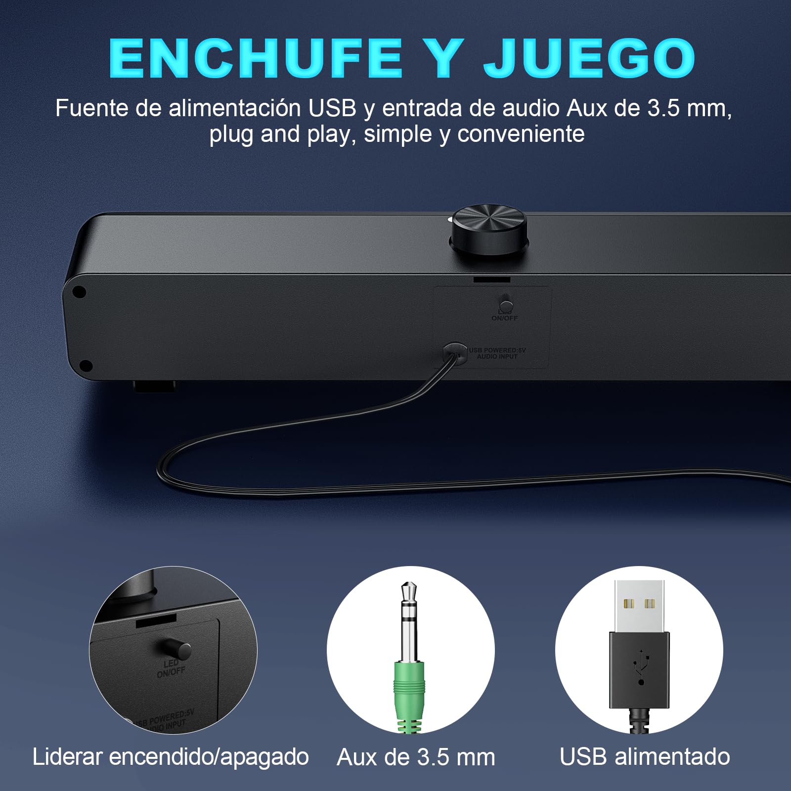 SoundBar, Altavoz de Computadora Con Cable USB, Multimedia Con Control de Volumen de Luz LED RGB, Barra de Sonido Para PC Windows, Escritorio, Ordenadores Portátiles