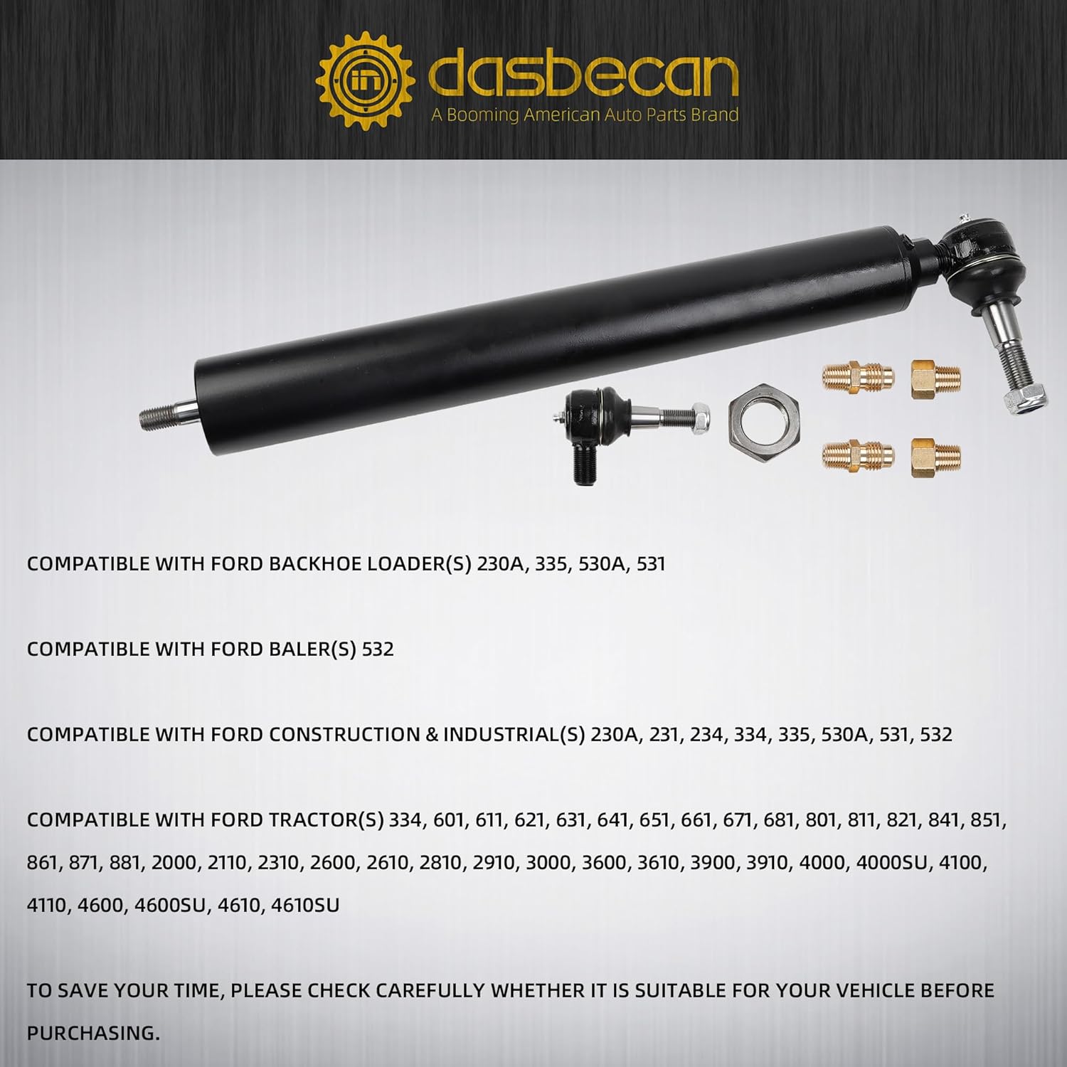 Dasbecan E2NN3A540BA Power Steering Cylinder, 1/2" Diameter Rod, 7/16" Threaded End, Compatible with Ford Tractor 2000 3000 3600 4000 4600, Replaces# E2NN3D547AA