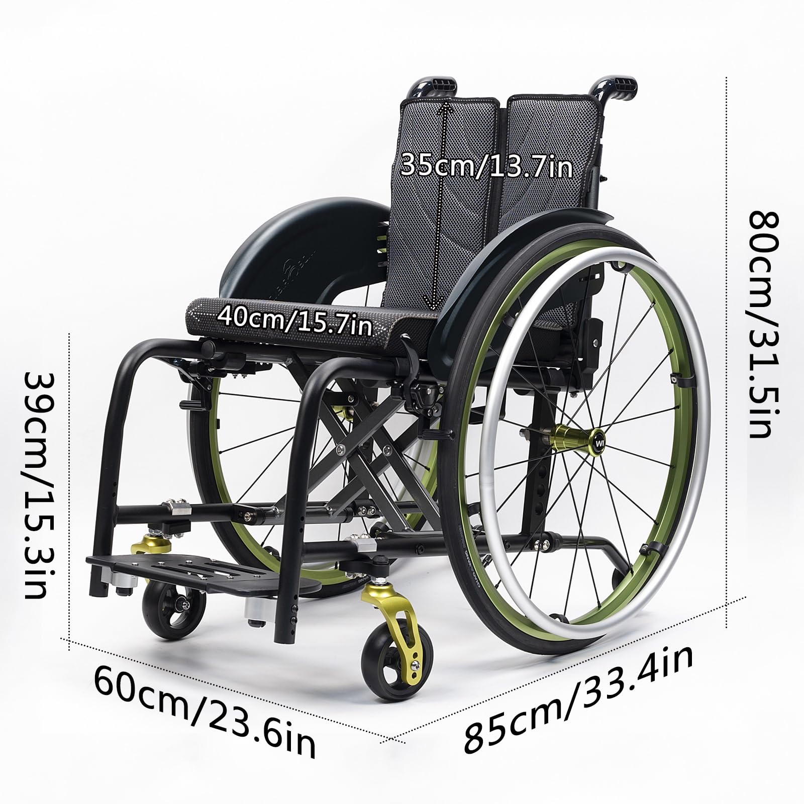 Silla de ruedas manual ligera, silla de ruedas deportiva ultraligera portátil todo terreno, silla de ruedas plegable, sillas de ruedas de transporte con antivuelco(A,40cm/15.7in)