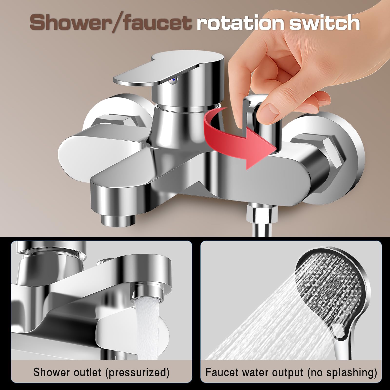 Miscelatore Doccia rubinetto Vasca da Bagno con Doccetta Tre Velocità in Ottone con 1.5 m Flessibile Doccia in Acciaio Inox e Supporto Doccetta kit Rubinetto Doccia da Muro Cromato(G 1/2")