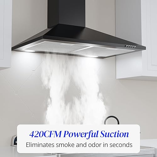 Miniatura 2 de FIREGAS Campana extractora negra de 30 pulgadas, campana extractora de montaje en pared con luces LED, ventilador de escape de 3 velocidades, Negro